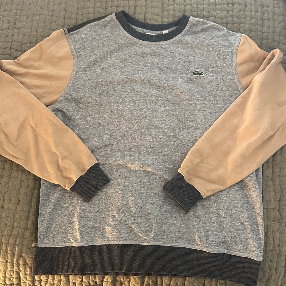 Lacoste Men's Gray and Tan Crewneck Sweater